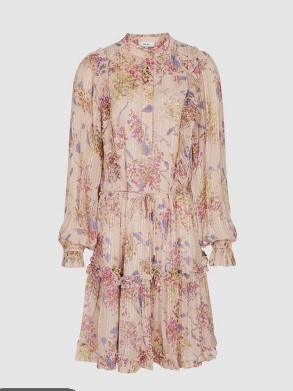 Reiss Pink Floral Long-Sleeve Tiered Tea Dress